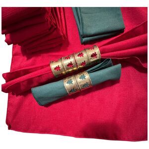 Vtg Brass Christmas Tree Cut Out Napkin Rings Holder Cloth Napkins Red Green LOT